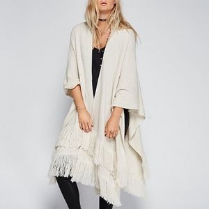 Free People Cream Fringe Open Front Poncho